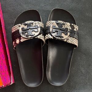Tory Burch Black and Brown Snakeskin Slide Sandals